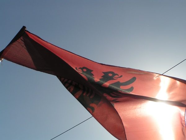 albanian flag waving through the wind